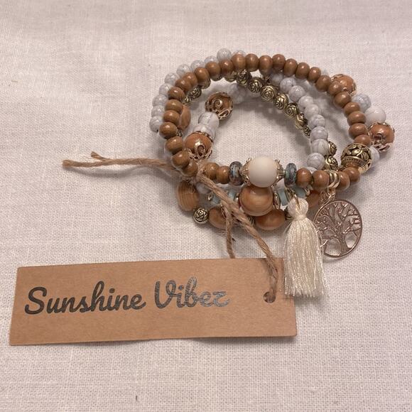 Sunshine Vibez Boho Bohemian Bracelet 4pc Stretch Beaded Tree of Life Charm New - Picture 3 of 3